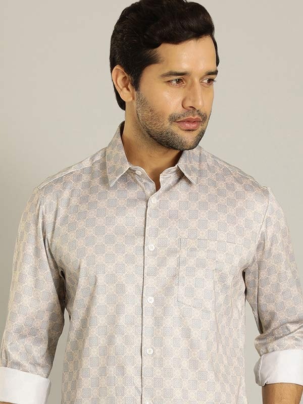 Indian Terrain Men's Slim Fit Full Sleeve All Over Print Beige Shirt